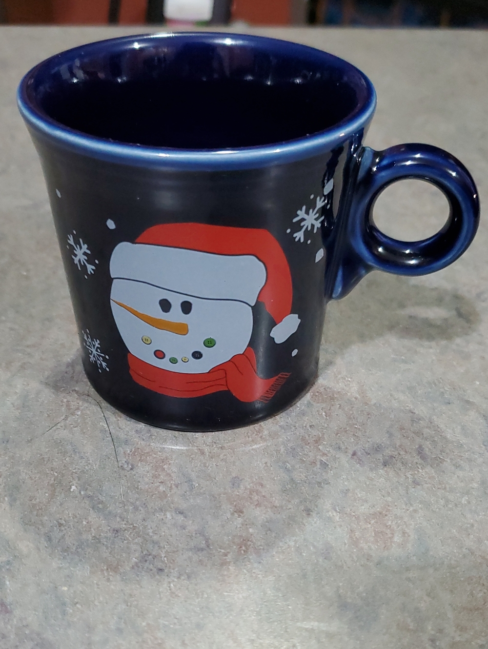Fiesta Blue Button Snowman Mug with Red Hat and Scarf